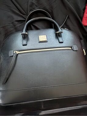 Michael Kors Black Dome Satchel with Front Zip and Gold Plate